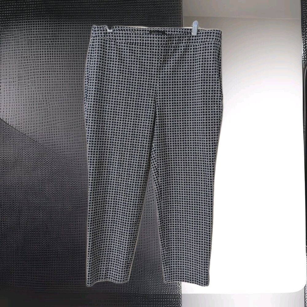 TALBOTS Size 16 Navy Blue & White Print Stretch Chatham Side Zip Ankle Pants